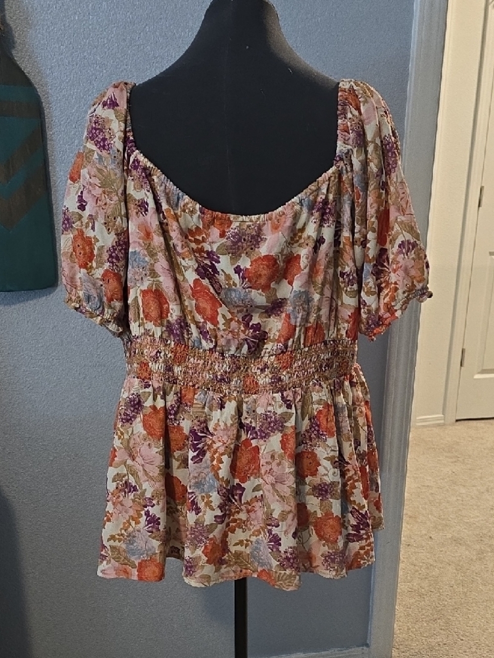 torrid Floral Lace-Up Peasant Top in Cream, Orange & Purple - Picture 2 of 2